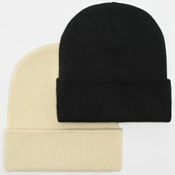 Budget 🔥 Lot de 2 Bonnets Mailles Fines Avec Revers Noir Beige de LBO ⭐