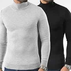 Meilleure vente ✨ Lot De 2 Pulls Col Roulé 1006 Noir Gris Chiné de LBO ✔️
