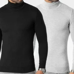 Coupon 🔥 Lot De 2 Pulls Col Roulé 1006 Noir Gris Chiné de LBO 😍